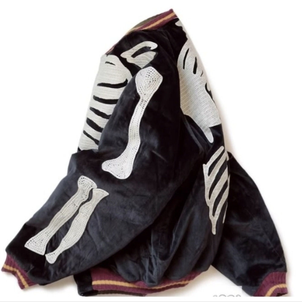 Kapital Black Velvet Skeleton Bomber Jacket with White Rib Appliqué - Picture 3 of 6